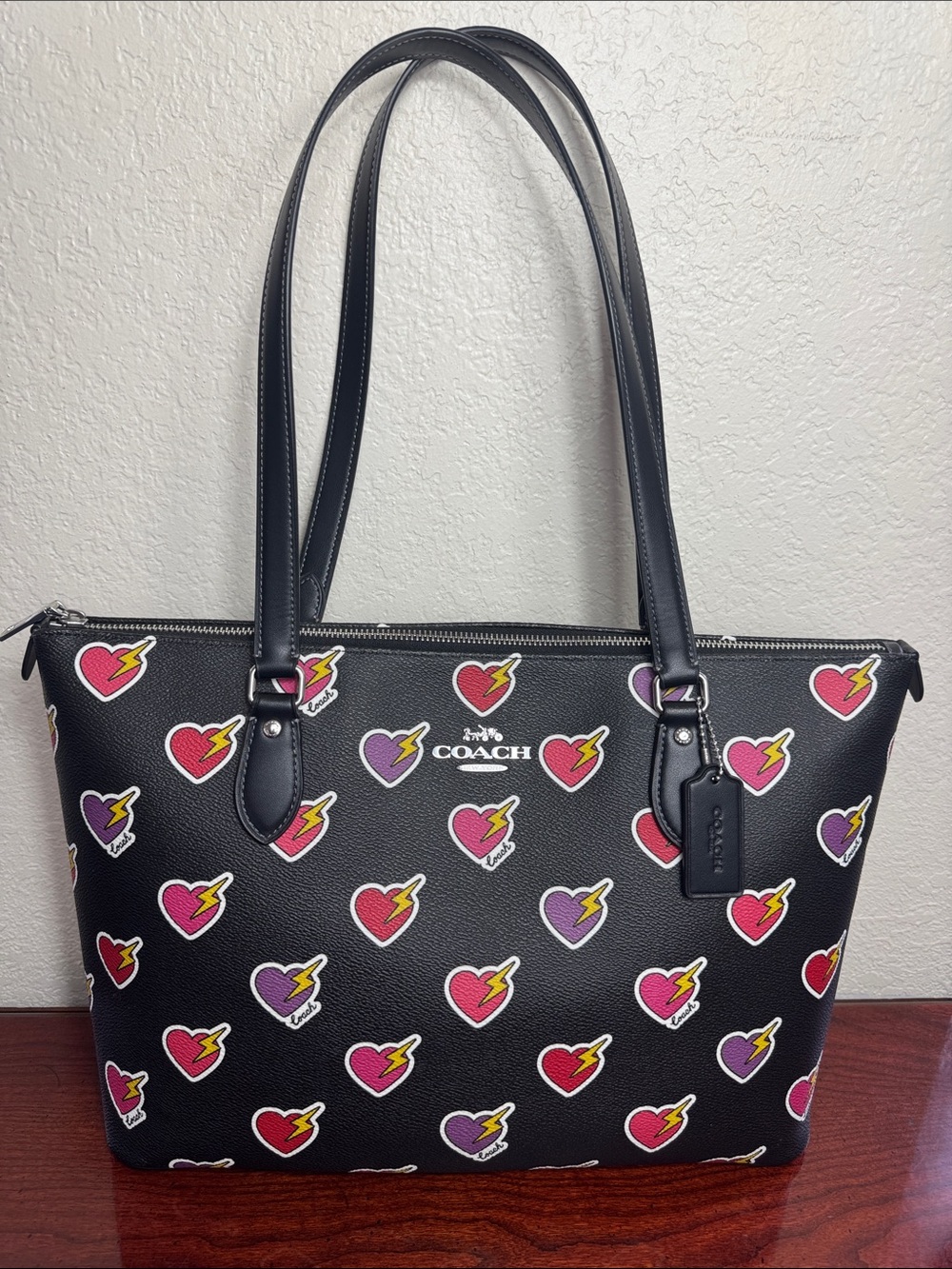 Coach Heart Print Gallery Black Tote with Pink & Purple Heart Lightning Print